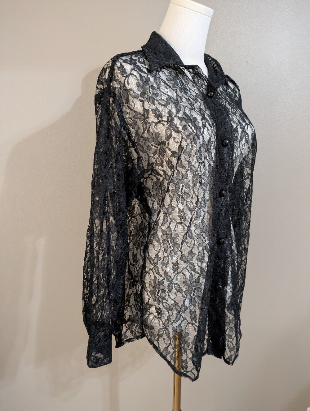Marnie West Black Floral Lace Sheer Button-Down Collared Long Sleeve Blouse - Picture 4 of 7